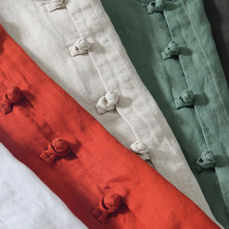 Koszula męska z krótkim rękawem i stójką Buddha Stones Daily Frog-Button z lnu - image 28