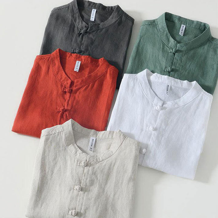 Koszula męska z krótkim rękawem i stójką Buddha Stones Daily Frog-Button z lnu - image 29