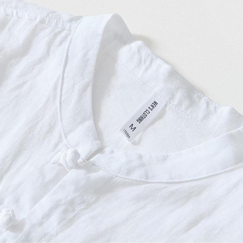 Koszula męska z krótkim rękawem i stójką Buddha Stones Daily Frog-Button z lnu - image 7