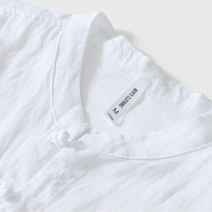 Koszula męska z krótkim rękawem i stójką Buddha Stones Daily Frog-Button z lnu - image 7