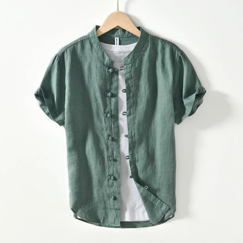 Koszula męska z krótkim rękawem i stójką Buddha Stones Daily Frog-Button z lnu - MediumSeaGreen - US/UK/AU42， EU52 (3XL) - image 18