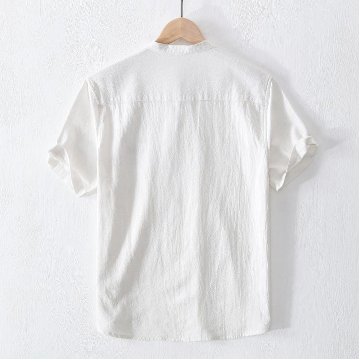 Koszula męska z krótkim rękawem i haftowanym kołnierzykiem typu mandarynka z kamieniami Buddha Stones , bawełną i lnem - image 11