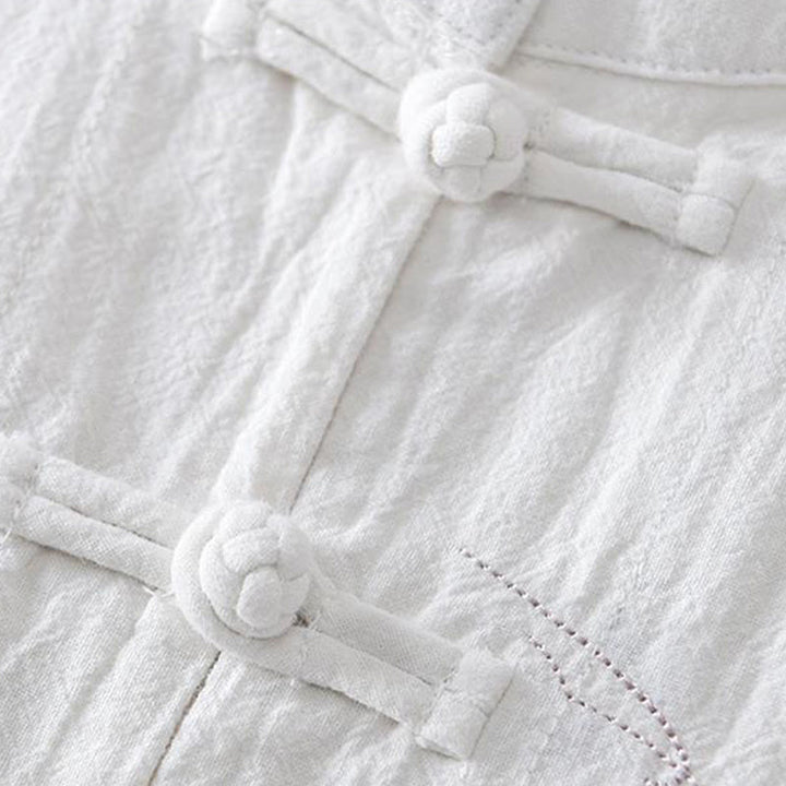 Koszula męska z krótkim rękawem i haftowanym kołnierzykiem typu mandarynka z kamieniami Buddha Stones , bawełną i lnem - image 13