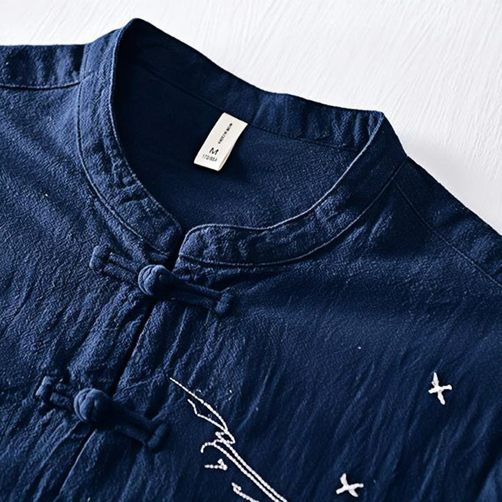 Koszula męska z krótkim rękawem i haftowanym kołnierzykiem typu mandarynka z kamieniami Buddha Stones , bawełną i lnem - image 1