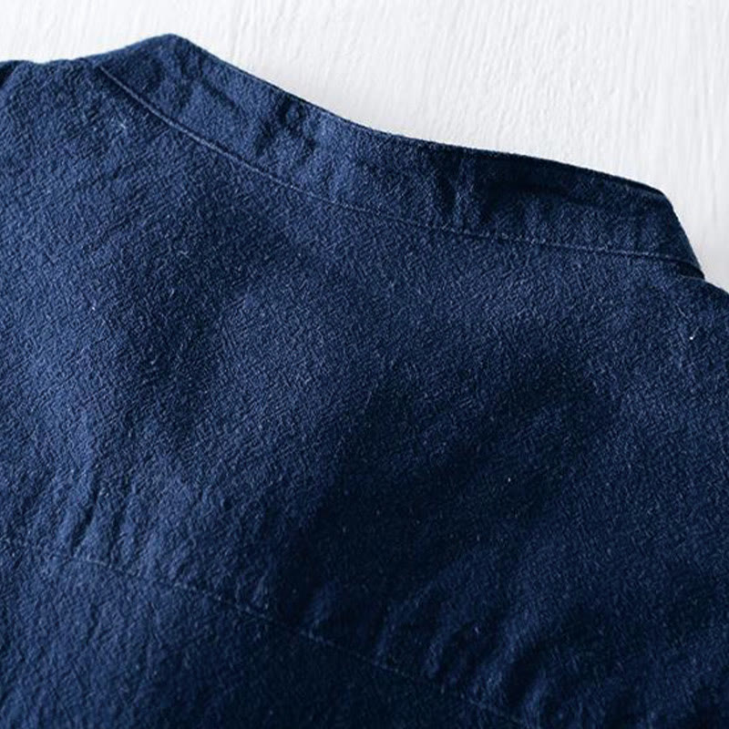 Koszula męska z krótkim rękawem i haftowanym kołnierzykiem typu mandarynka z kamieniami Buddha Stones , bawełną i lnem - image 5