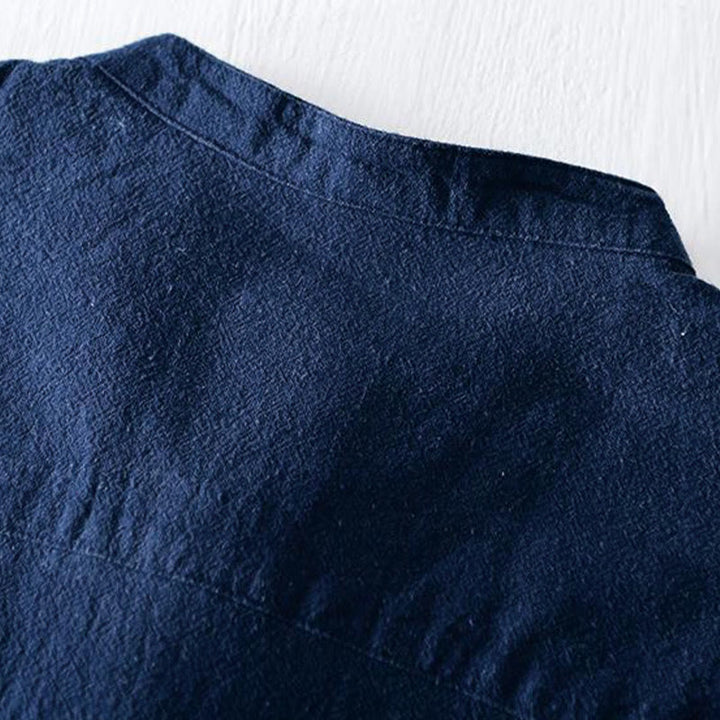 Koszula męska z krótkim rękawem i haftowanym kołnierzykiem typu mandarynka z kamieniami Buddha Stones , bawełną i lnem - image 5