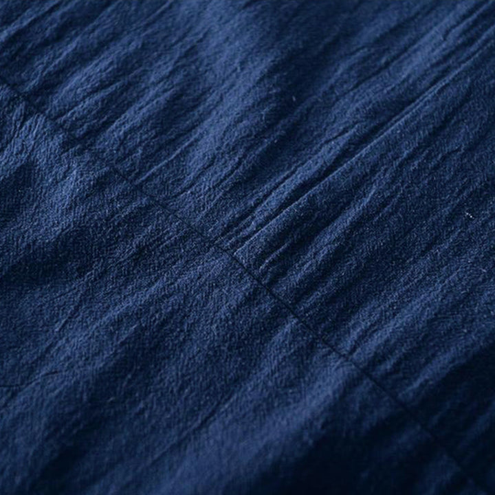 Koszula męska z krótkim rękawem i haftowanym kołnierzykiem typu mandarynka z kamieniami Buddha Stones , bawełną i lnem - image 8