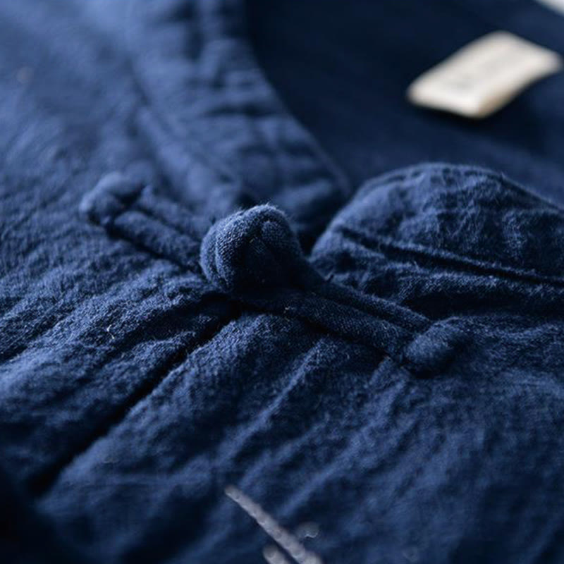 Koszula męska z krótkim rękawem i haftowanym kołnierzykiem typu mandarynka z kamieniami Buddha Stones , bawełną i lnem - image 2