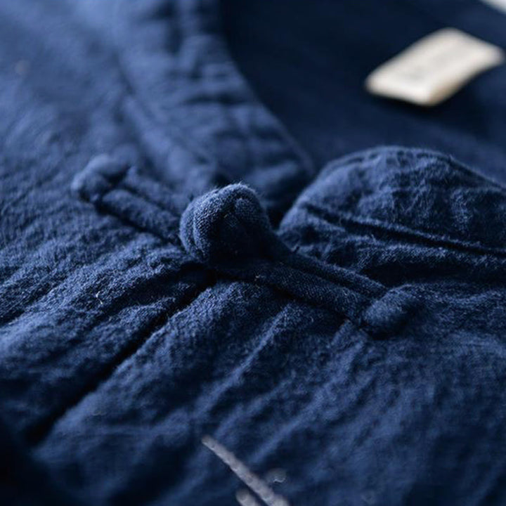 Koszula męska z krótkim rękawem i haftowanym kołnierzykiem typu mandarynka z kamieniami Buddha Stones , bawełną i lnem - image 2