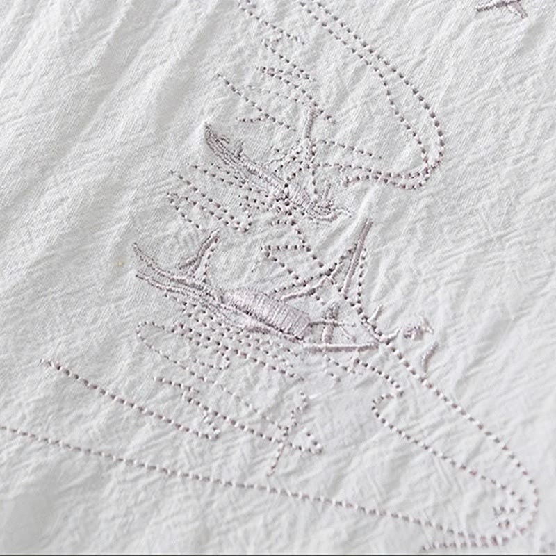 Koszula męska z krótkim rękawem i haftowanym kołnierzykiem typu mandarynka z kamieniami Buddha Stones , bawełną i lnem - image 14