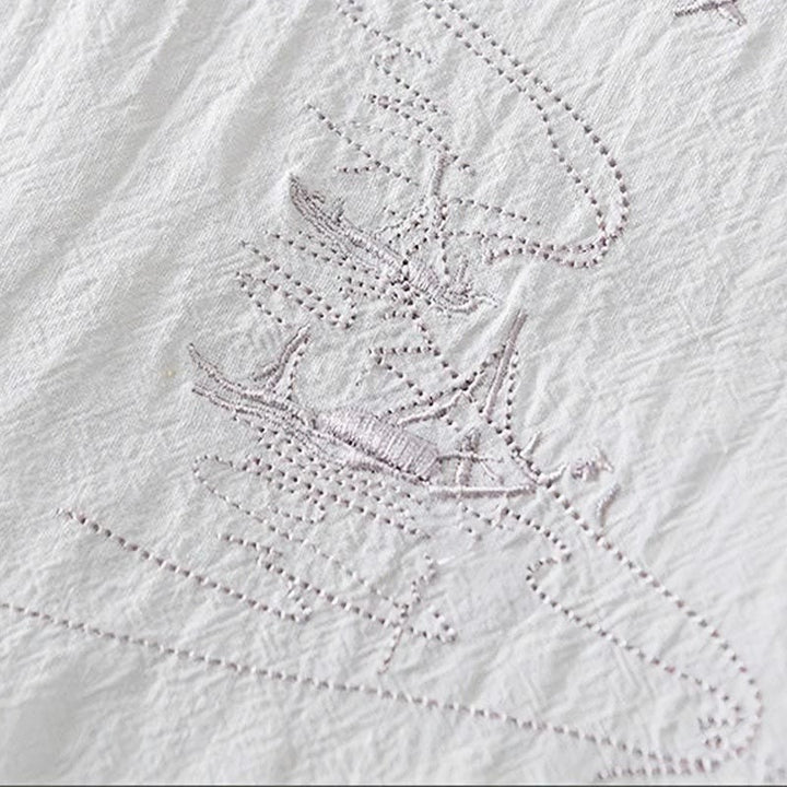 Koszula męska z krótkim rękawem i haftowanym kołnierzykiem typu mandarynka z kamieniami Buddha Stones , bawełną i lnem - image 14