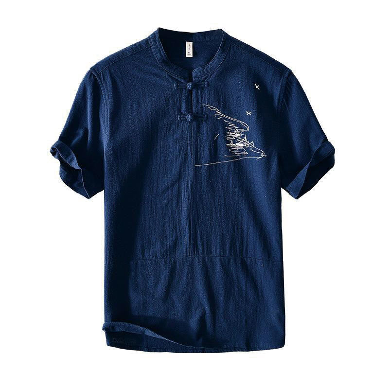 Koszula męska z krótkim rękawem i haftowanym kołnierzykiem typu mandarynka z kamieniami Buddha Stones , bawełną i lnem - image 9