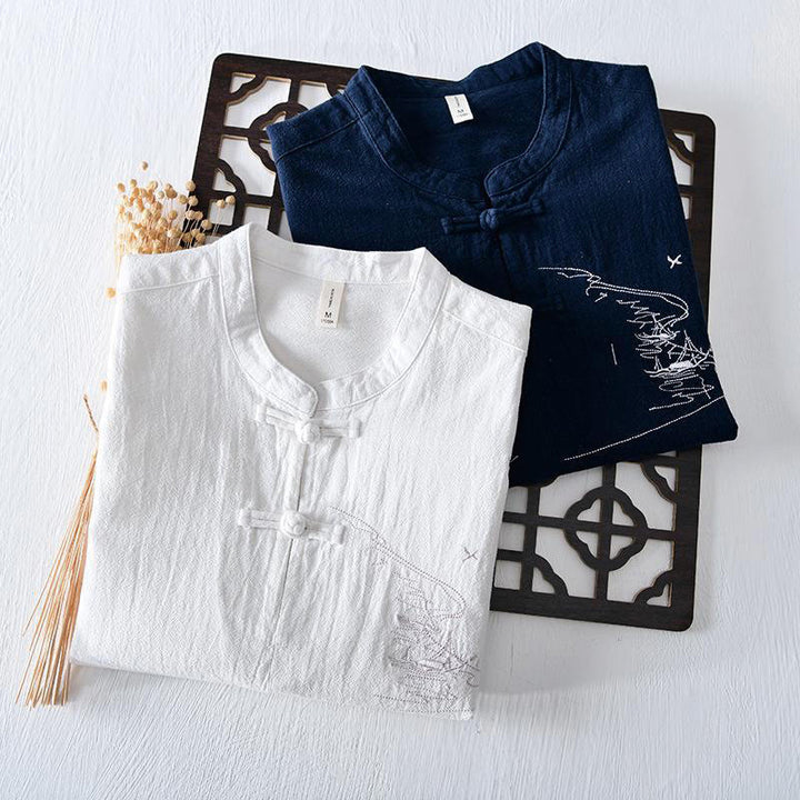 Koszula męska z krótkim rękawem i haftowanym kołnierzykiem typu mandarynka z kamieniami Buddha Stones , bawełną i lnem - image 19