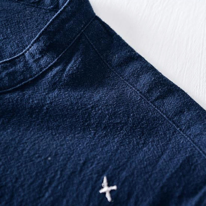 Koszula męska z krótkim rękawem i haftowanym kołnierzykiem typu mandarynka z kamieniami Buddha Stones , bawełną i lnem - image 4