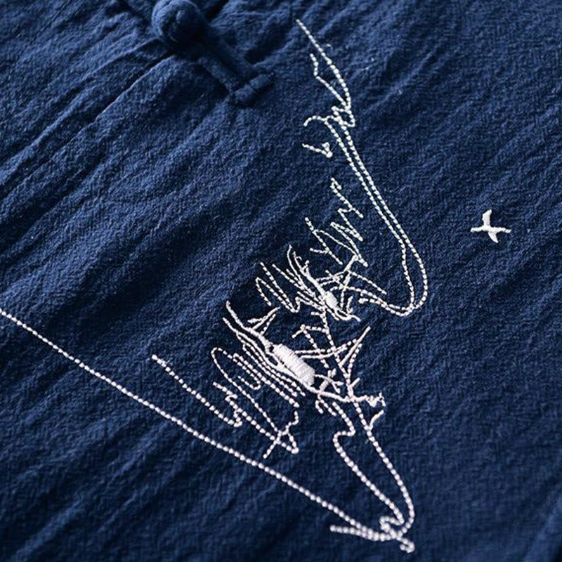 Koszula męska z krótkim rękawem i haftowanym kołnierzykiem typu mandarynka z kamieniami Buddha Stones , bawełną i lnem - image 3