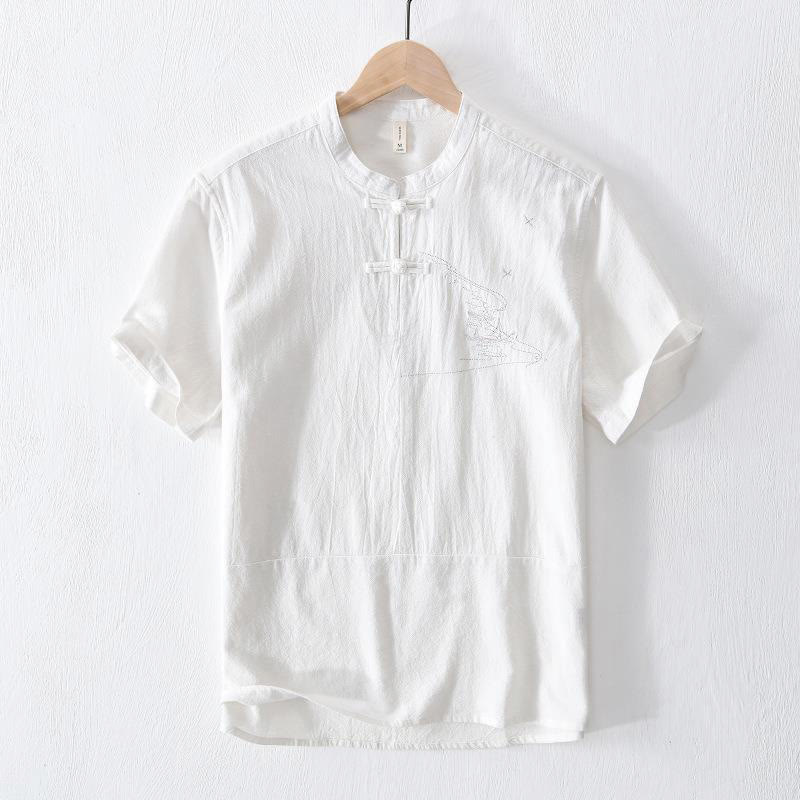 Koszula męska z krótkim rękawem i haftowanym kołnierzykiem typu mandarynka z kamieniami Buddha Stones , bawełną i lnem - Biały - US/UK/AU42， EU52 (3XL) - image 10