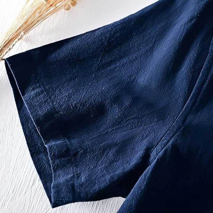 Koszula męska z krótkim rękawem i haftowanym kołnierzykiem typu mandarynka z kamieniami Buddha Stones , bawełną i lnem - image 6