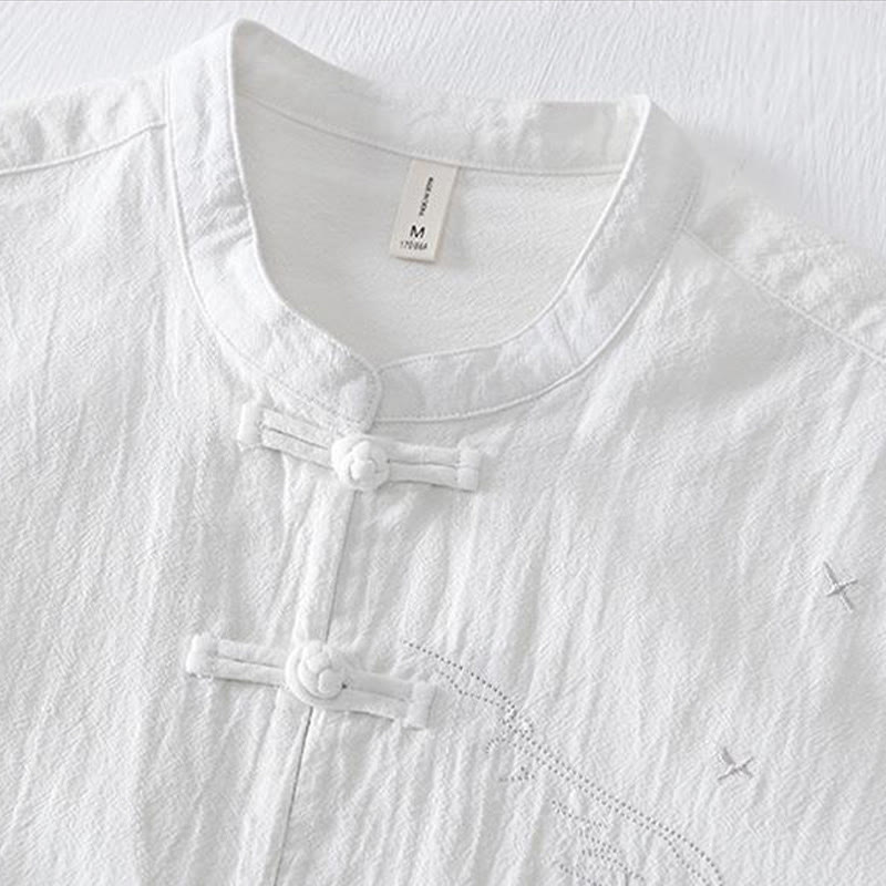 Koszula męska z krótkim rękawem i haftowanym kołnierzykiem typu mandarynka z kamieniami Buddha Stones , bawełną i lnem - image 12