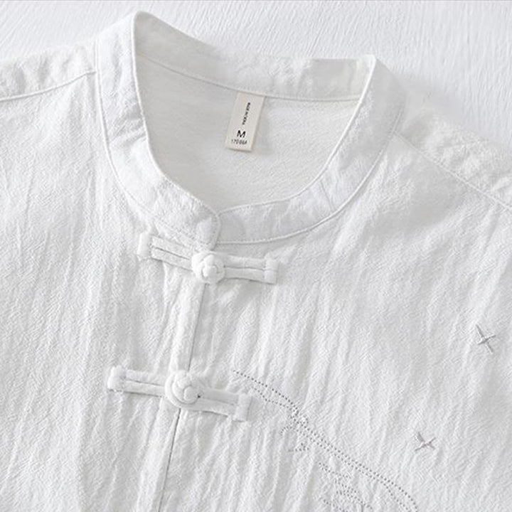 Koszula męska z krótkim rękawem i haftowanym kołnierzykiem typu mandarynka z kamieniami Buddha Stones , bawełną i lnem - image 12