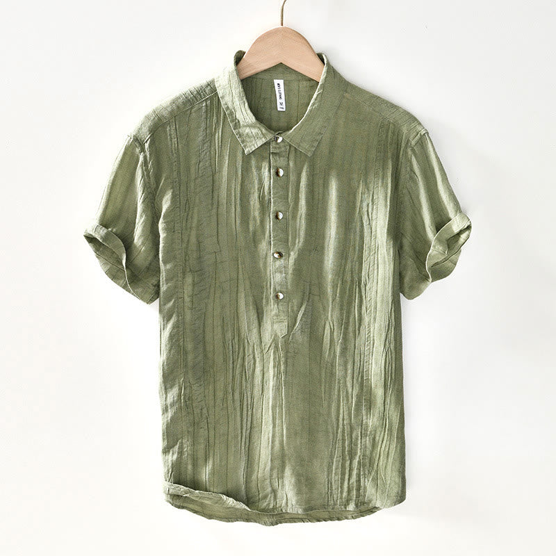 Koszula męska z ramią lnianą, z półguzkiem i prostymi klapami Buddha Stones - Żółtozielony - US/UK/AU44， EU54 (4XL) - image 19