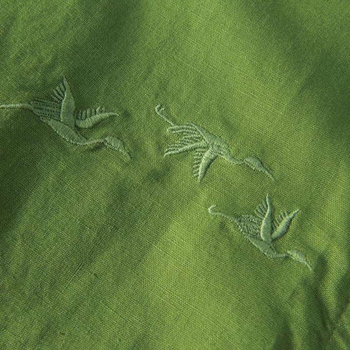 Koszula męska z miękkim haftem w kształcie żurawia z kołnierzykiem ze stójką, bawełną i lnem, zapinana na pół guzika - image 13