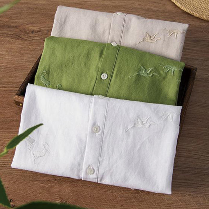 Koszula męska z miękkim haftem w kształcie żurawia z kołnierzykiem ze stójką, bawełną i lnem, zapinana na pół guzika - image 18