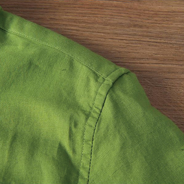 Koszula męska z miękkim haftem w kształcie żurawia z kołnierzykiem ze stójką, bawełną i lnem, zapinana na pół guzika - image 14