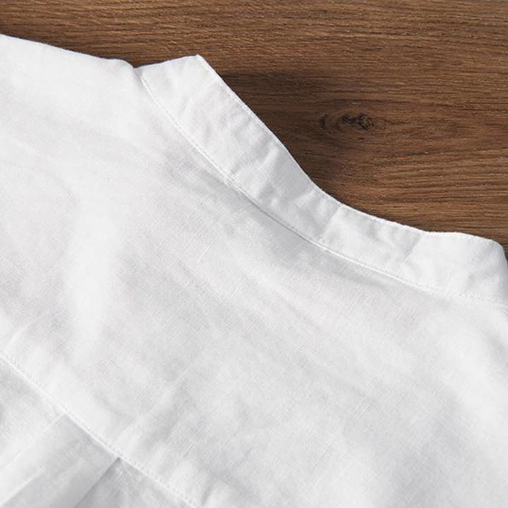 Koszula męska z miękkim haftem w kształcie żurawia z kołnierzykiem ze stójką, bawełną i lnem, zapinana na pół guzika - image 4