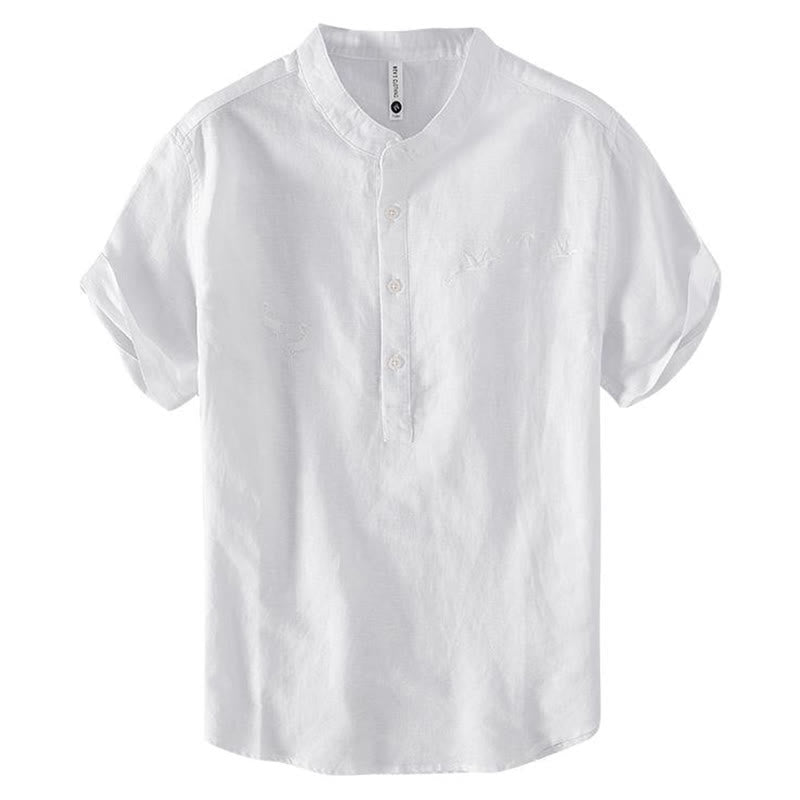 Koszula męska z miękkim haftem w kształcie żurawia z kołnierzykiem ze stójką, bawełną i lnem, zapinana na pół guzika - image 8