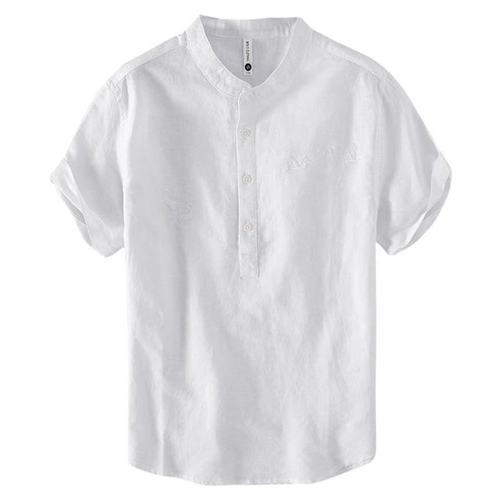 Koszula męska z miękkim haftem w kształcie żurawia z kołnierzykiem ze stójką, bawełną i lnem, zapinana na pół guzika - image 8