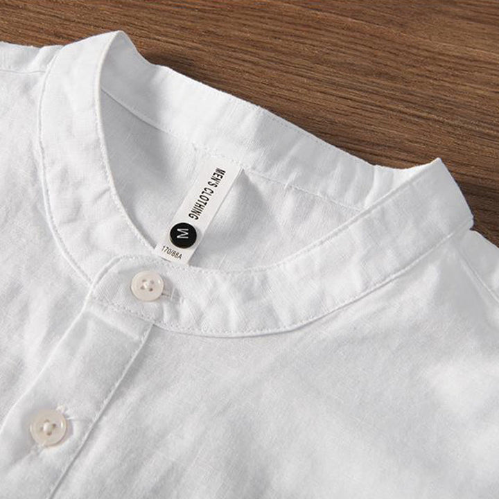 Koszula męska z miękkim haftem w kształcie żurawia z kołnierzykiem ze stójką, bawełną i lnem, zapinana na pół guzika - image 3