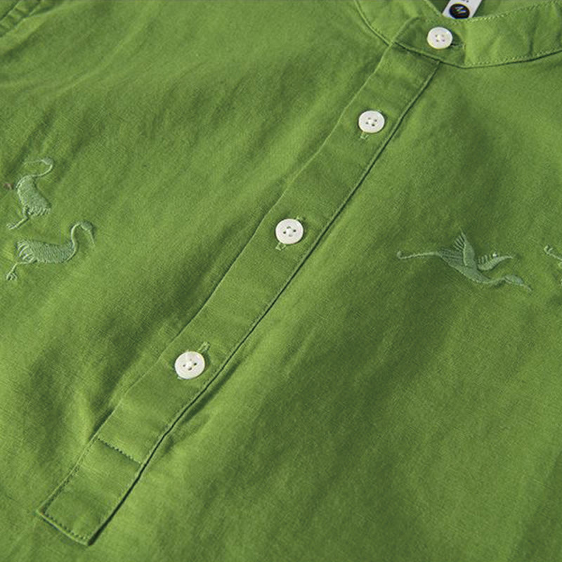 Koszula męska z miękkim haftem w kształcie żurawia z kołnierzykiem ze stójką, bawełną i lnem, zapinana na pół guzika - image 12