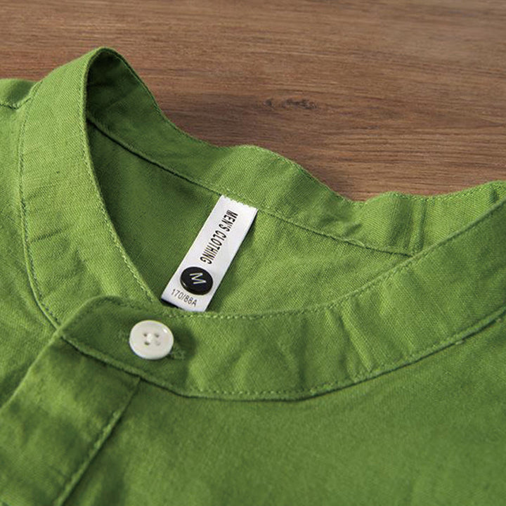 Koszula męska z miękkim haftem w kształcie żurawia z kołnierzykiem ze stójką, bawełną i lnem, zapinana na pół guzika - image 10