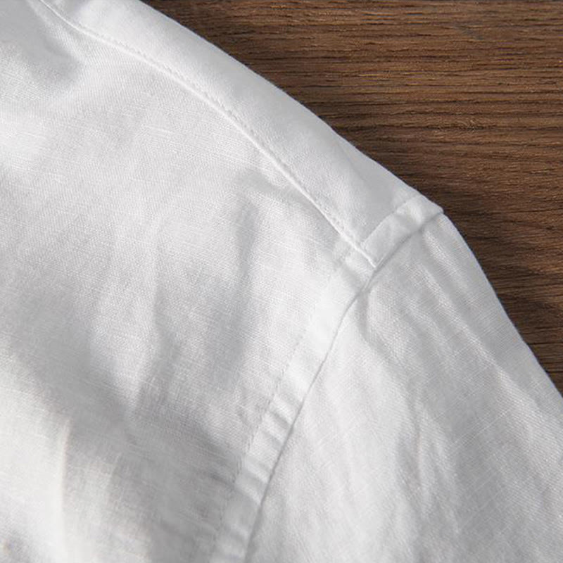 Koszula męska z miękkim haftem w kształcie żurawia z kołnierzykiem ze stójką, bawełną i lnem, zapinana na pół guzika - image 6