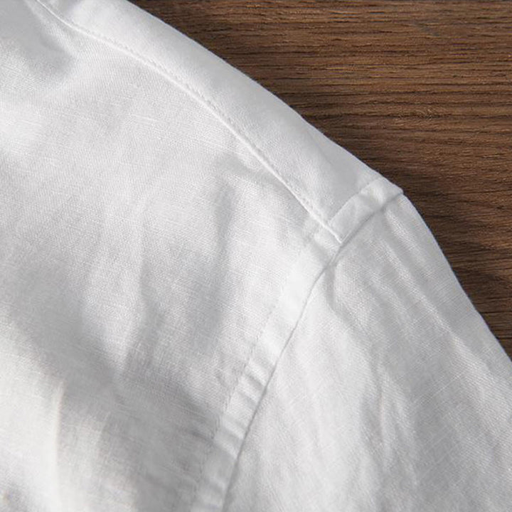 Koszula męska z miękkim haftem w kształcie żurawia z kołnierzykiem ze stójką, bawełną i lnem, zapinana na pół guzika - image 6