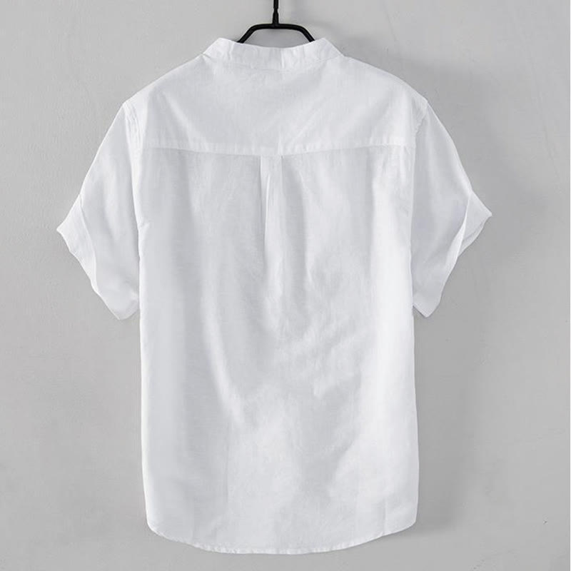 Koszula męska z miękkim haftem w kształcie żurawia z kołnierzykiem ze stójką, bawełną i lnem, zapinana na pół guzika - image 2