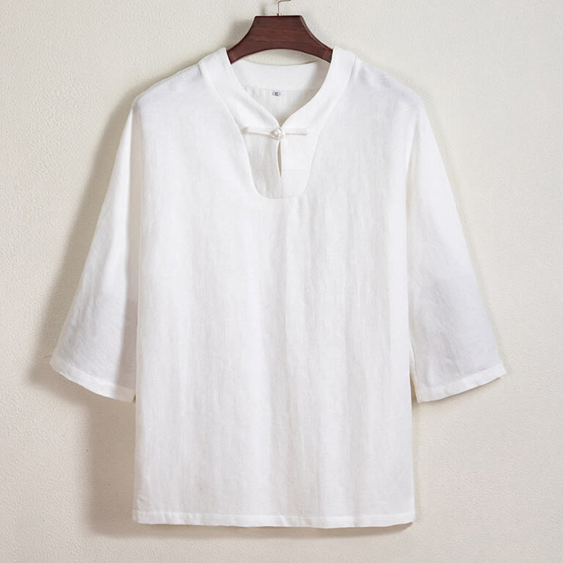 Koszula męska z lnu i rękawami trzy czwarte, z białymi żabkami i guzikami Buddha Stones - Biały - US/UK/AU44， EU54 (4XL) - image 0