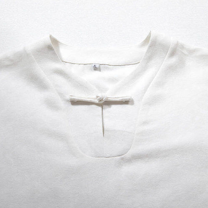 Koszula męska z lnu i rękawami trzy czwarte, z białymi żabkami i guzikami Buddha Stones - image 2