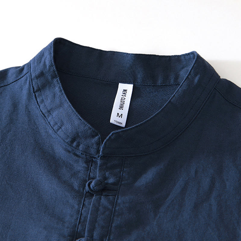 Koszula męska Buddha Stones Soft Plain Frog-button z okrągłym dekoltem, bawełną, lnem i półguzikiem - image 7