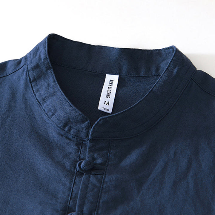 Koszula męska Buddha Stones Soft Plain Frog-button z okrągłym dekoltem, bawełną, lnem i półguzikiem - image 7