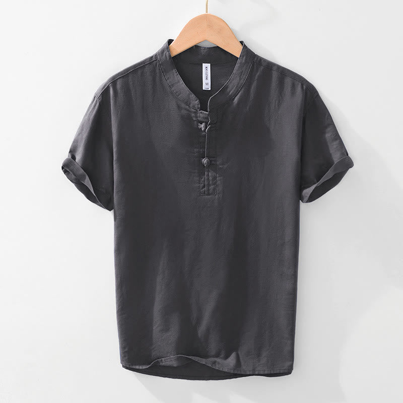 Koszula męska Buddha Stones Soft Plain Frog-button z okrągłym dekoltem, bawełną, lnem i półguzikiem - DimGray - US/UK/AU42， EU52 (3XL) - image 10