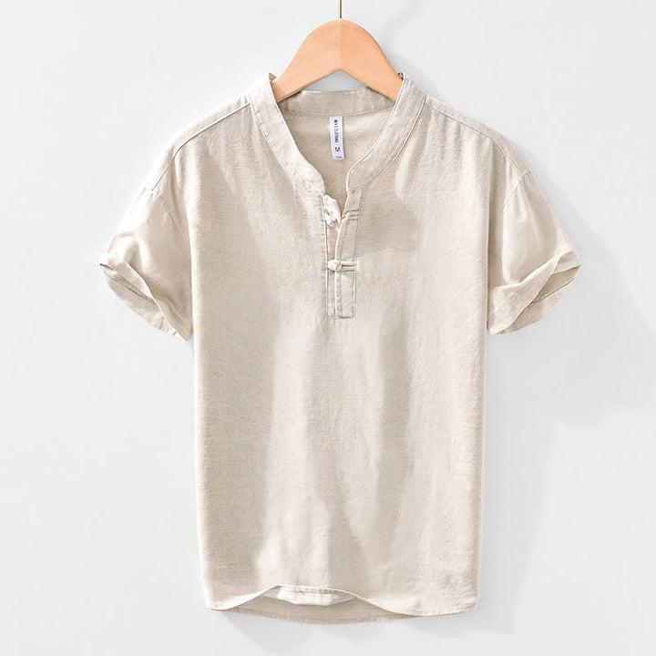 Koszula męska Buddha Stones Soft Plain Frog-button z okrągłym dekoltem, bawełną, lnem i półguzikiem - Beżowy - US/UK/AU42， EU52 (3XL) - image 0