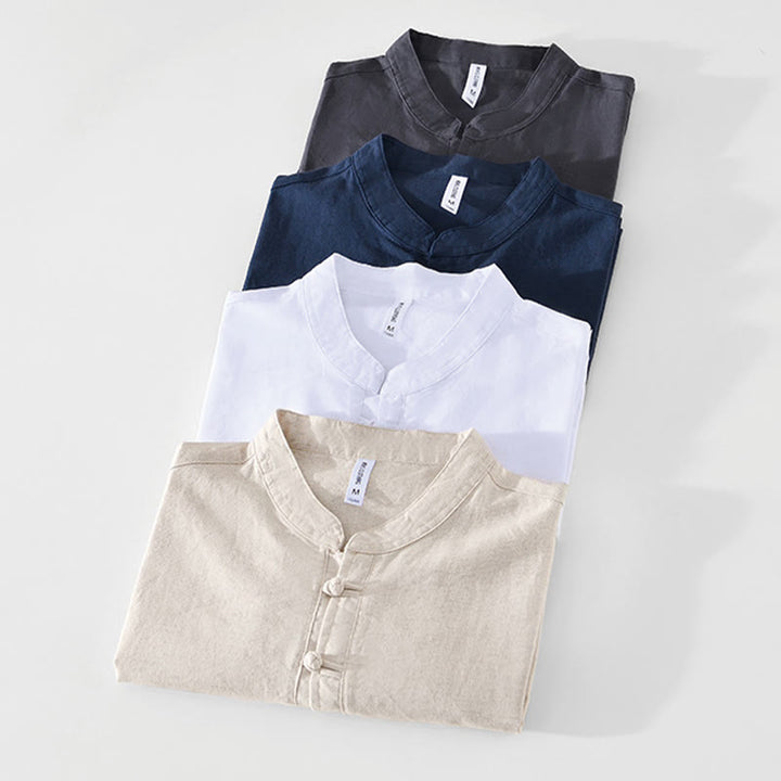 Koszula męska Buddha Stones Soft Plain Frog-button z okrągłym dekoltem, bawełną, lnem i półguzikiem - image 21