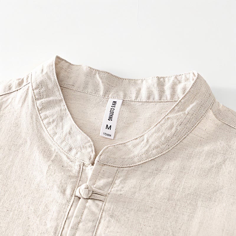 Koszula męska Buddha Stones Soft Plain Frog-button z okrągłym dekoltem, bawełną, lnem i półguzikiem - image 1