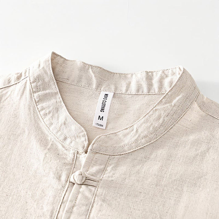 Koszula męska Buddha Stones Soft Plain Frog-button z okrągłym dekoltem, bawełną, lnem i półguzikiem - image 1