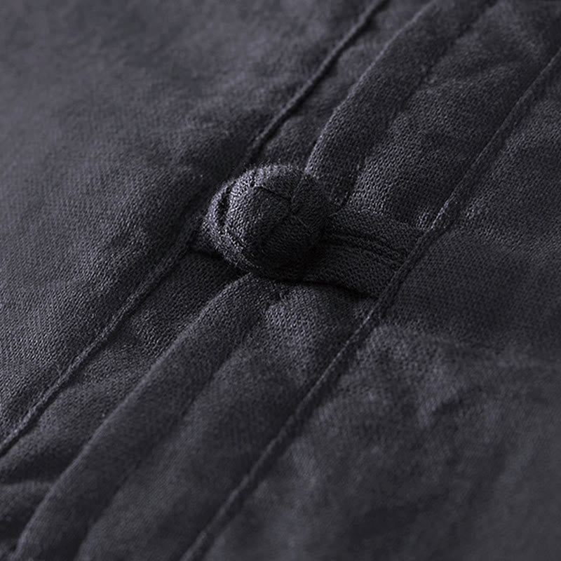 Koszula męska Buddha Stones Soft Plain Frog-button z okrągłym dekoltem, bawełną, lnem i półguzikiem