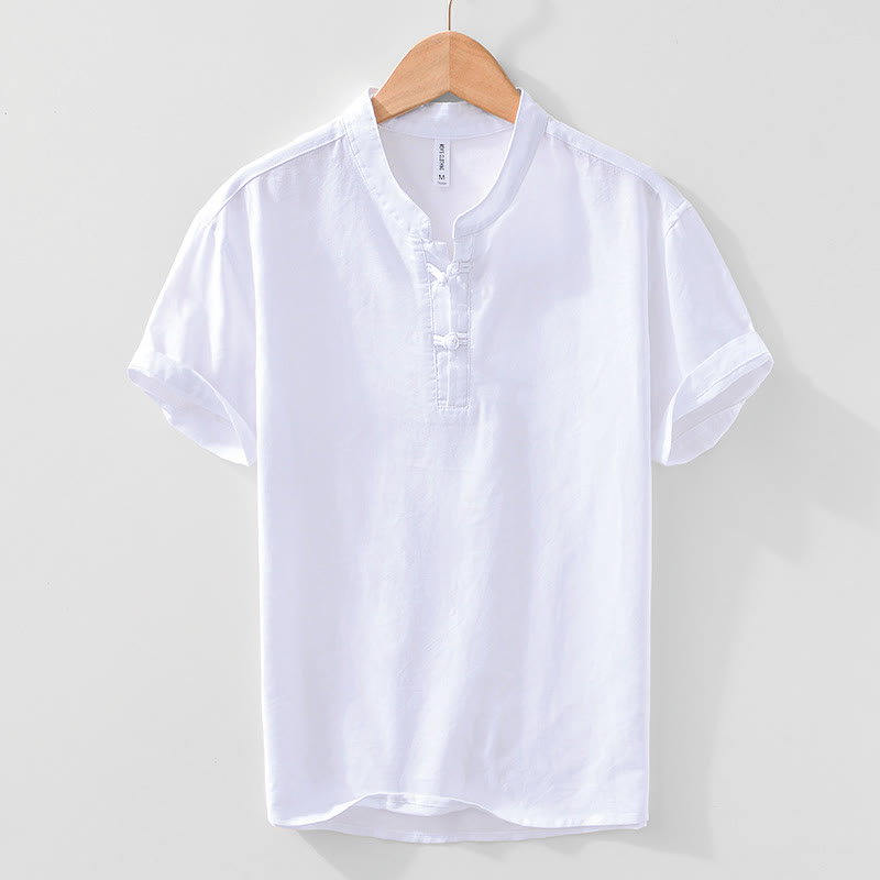 Koszula męska Buddha Stones Soft Plain Frog-button z okrągłym dekoltem, bawełną, lnem i półguzikiem - Biały - US/UK/AU42， EU52 (3XL) - image 15