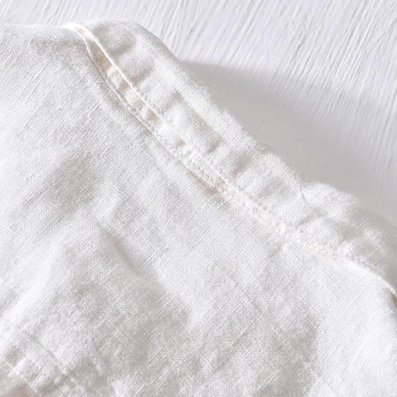 Koszula męska z krótkim rękawem i prostym wzorem „Buddha Stones” z klapami i lnianym półguzikiem - image 6