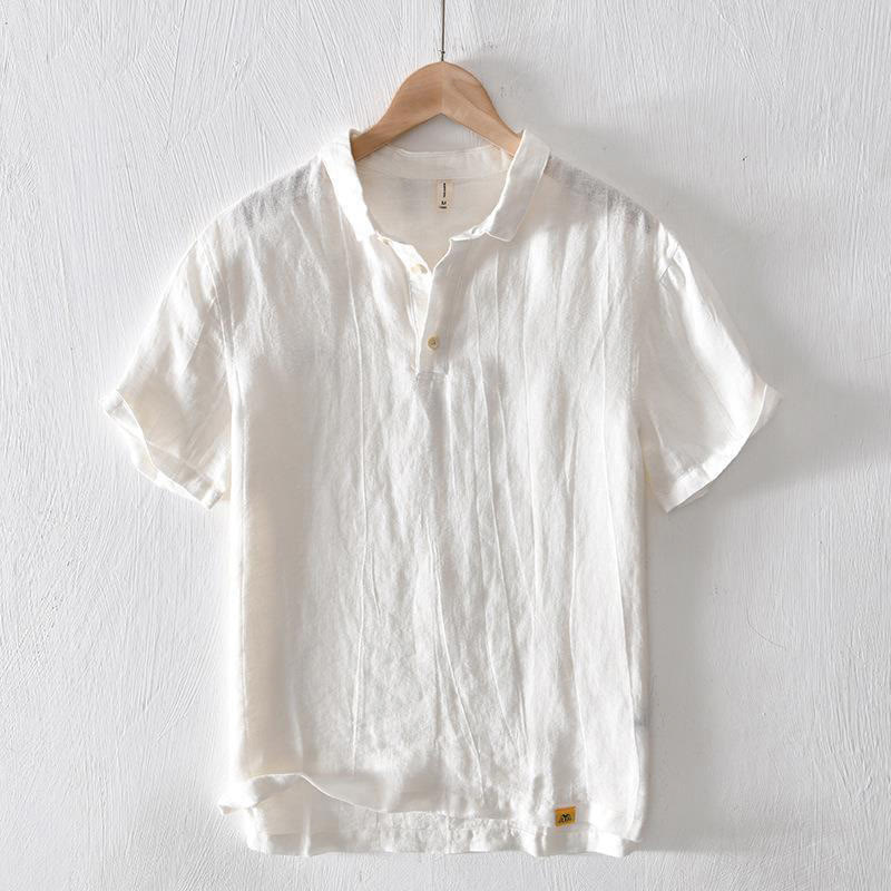 Koszula męska z krótkim rękawem i prostym wzorem „Buddha Stones” z klapami i lnianym półguzikiem - Biały - US/UK/AU42， EU52 (3XL) - image 4
