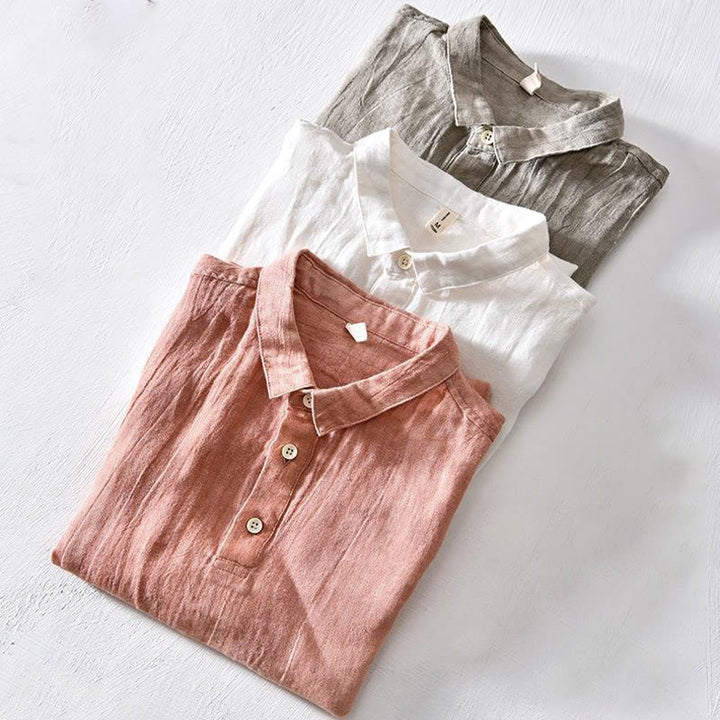 Koszula męska z krótkim rękawem i prostym wzorem „Buddha Stones” z klapami i lnianym półguzikiem - image 16